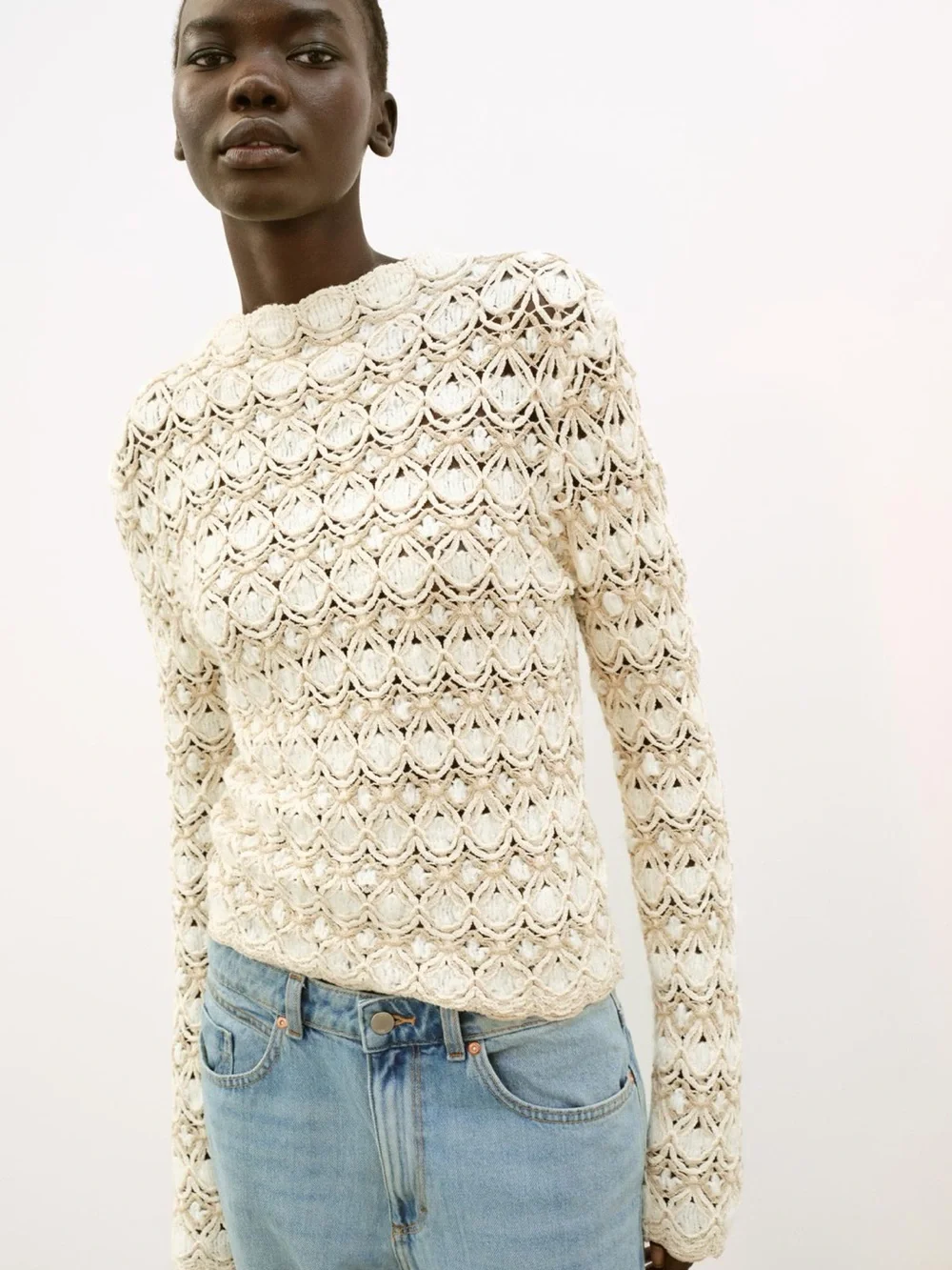 Zara Cream Open-Knit Crochet Sweater